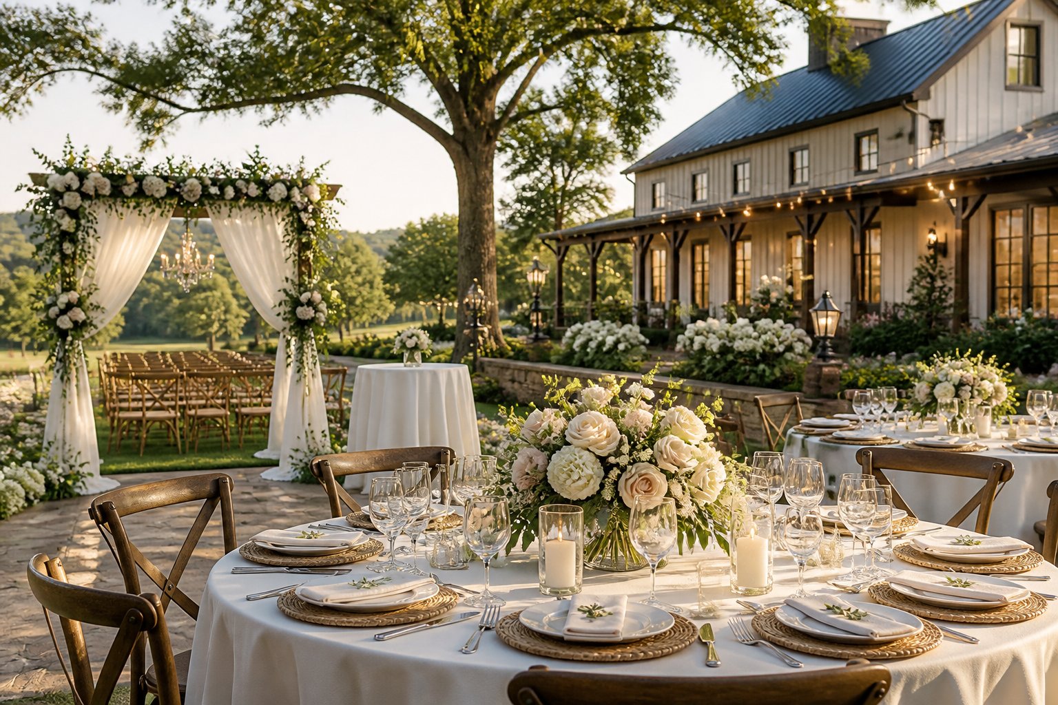 An elegant outdoor wedding reception at a landscaped countryside venue with a flower-decorated ceremony arch and decorated dining tables.