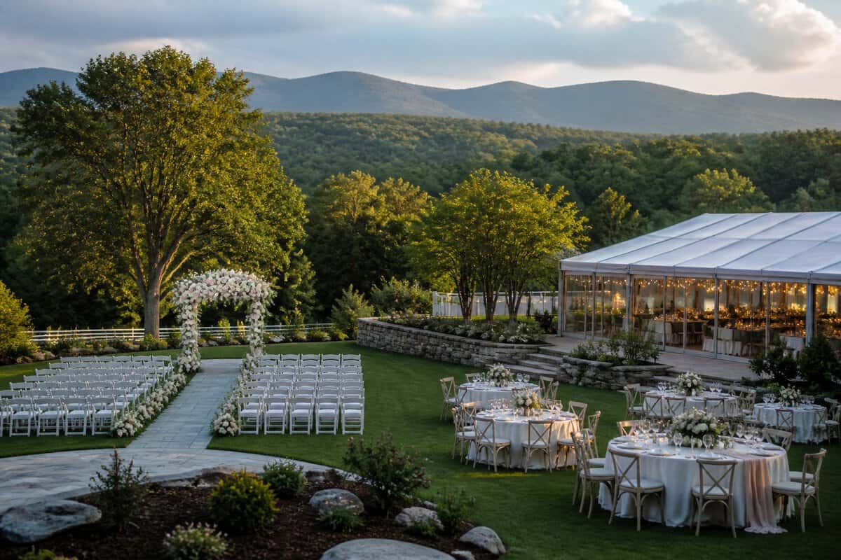 Elegant outdoor wedding venue with a floral ceremony arch, white chairs, reception tables, and green Vermont hills.