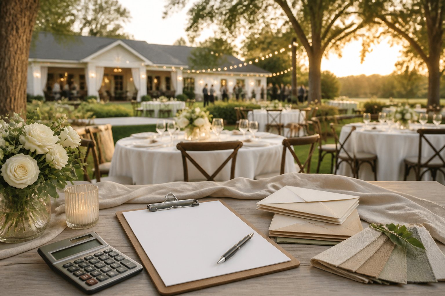 Wedding reception tables and budget planning materials at an elegant outdoor venue.