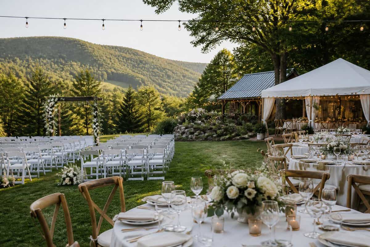 An elegant outdoor wedding venue in Quechee with a ceremony arch, white chairs, decorated reception tables, and green Vermont hills.