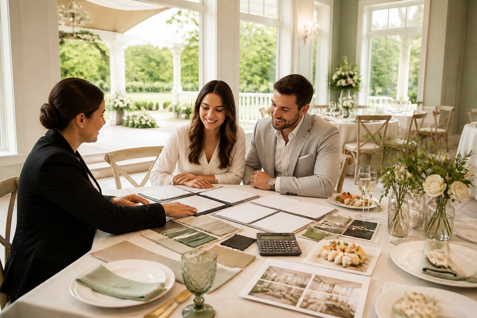 A couple compares wedding venue package materials with a coordinator at a table in an elegant reception hall.