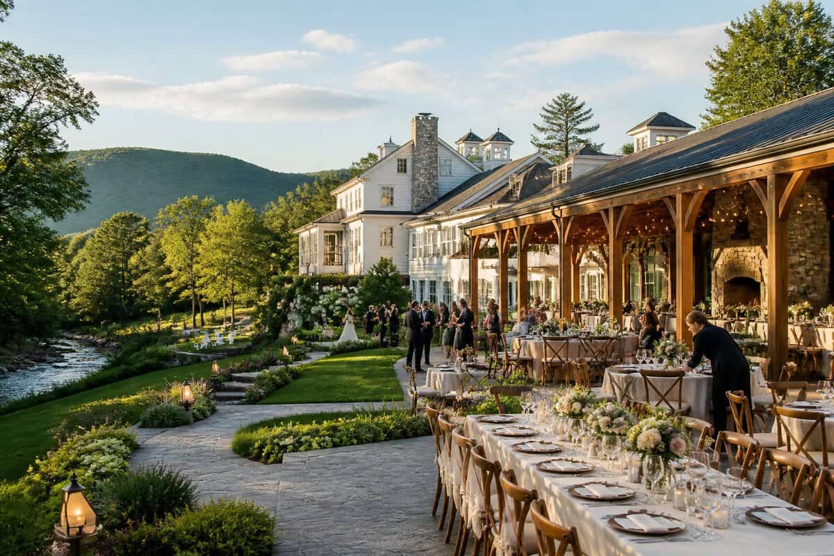 An elegant Vermont wedding venue with outdoor reception tables, a covered pavilion, and lush green countryside surroundings.