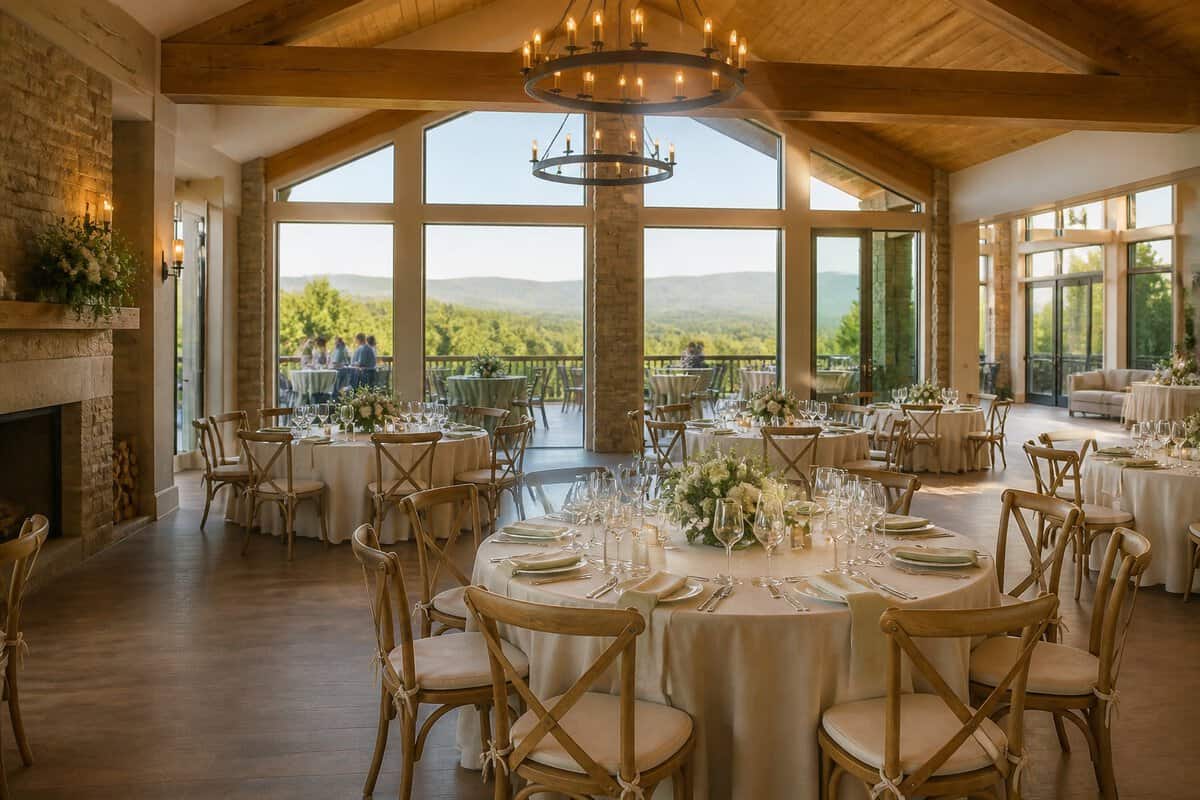 Elegant wedding reception tables arranged inside a venue overlooking a green Vermont landscape.