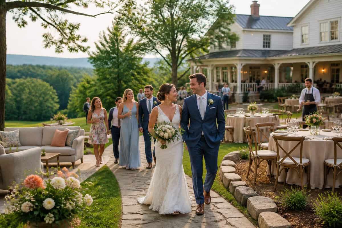 A newlywed couple and wedding guests enjoy an elegant countryside venue with decorated tables, lounge seating, and landscaped grounds.
