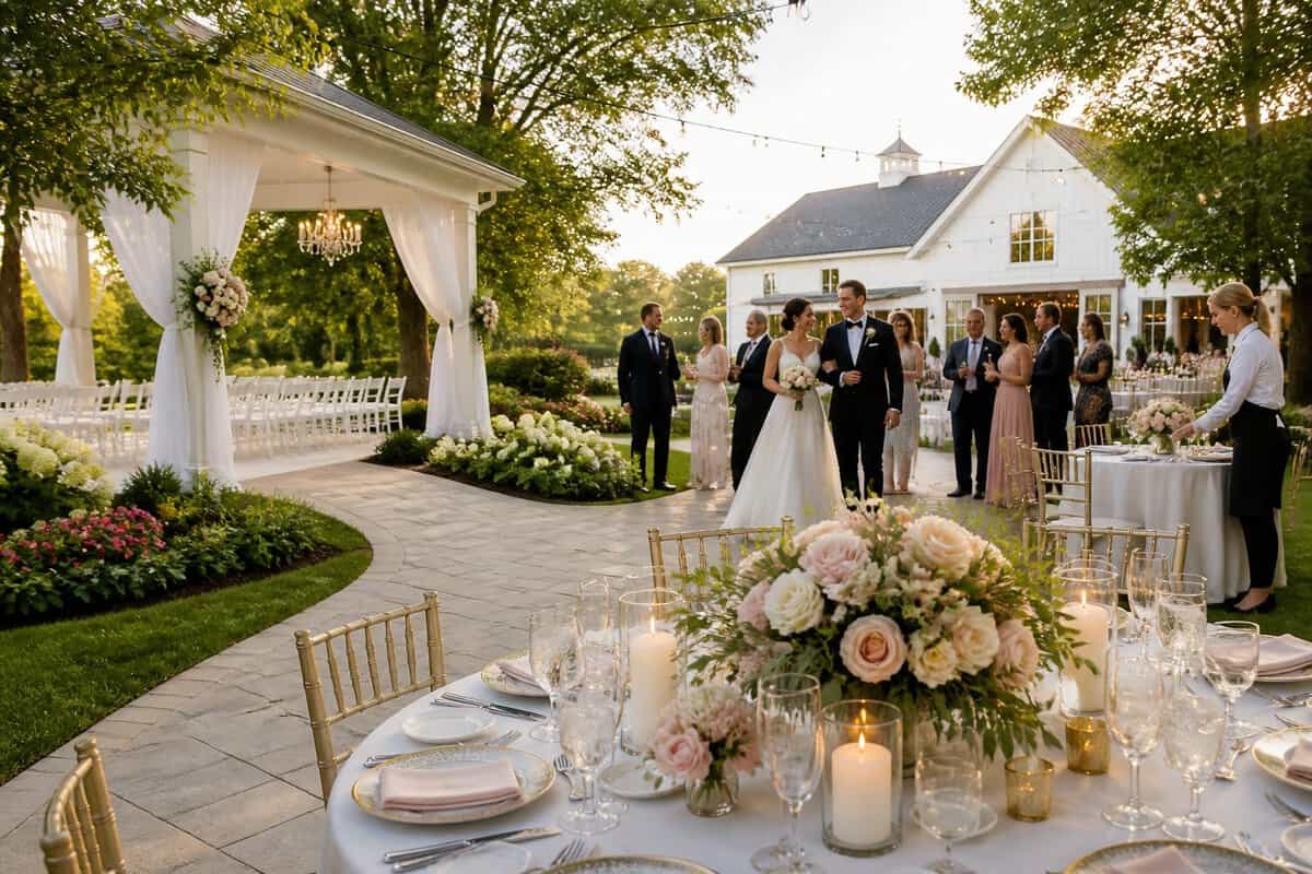 A bride and groom celebrate with guests at an elegant outdoor wedding venue with decorated reception tables and landscaped grounds.