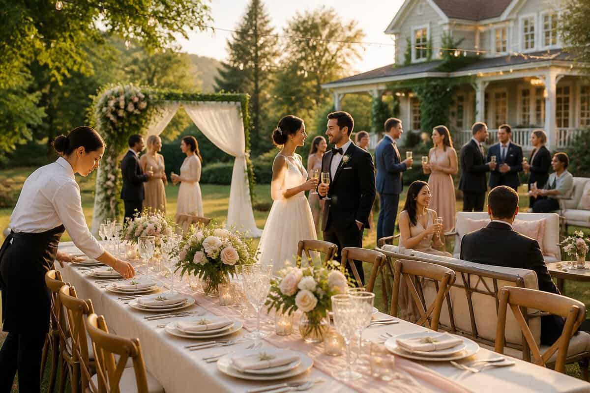 A bride and groom celebrate with guests at a fully prepared outdoor wedding reception.