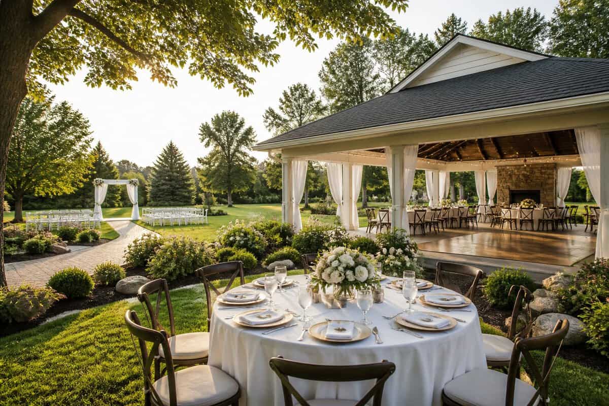 An elegant outdoor wedding venue with a floral ceremony arch, landscaped grounds, and a decorated reception pavilion.