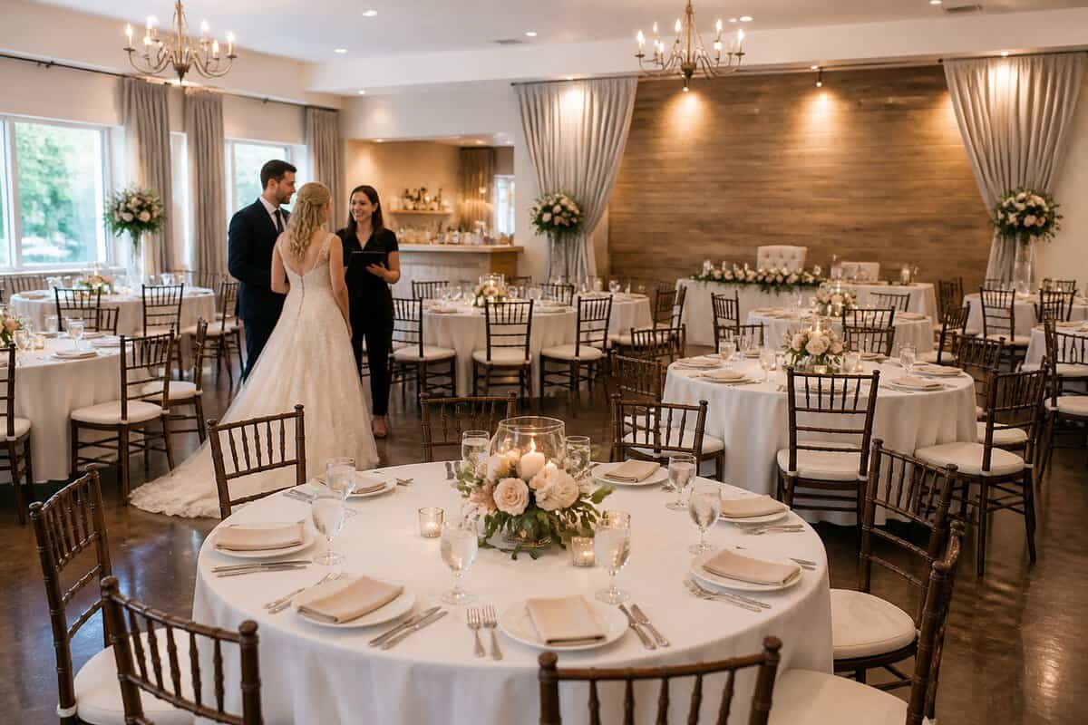A couple and venue coordinator view an elegantly arranged wedding reception space with tables, flowers, and warm lighting.
