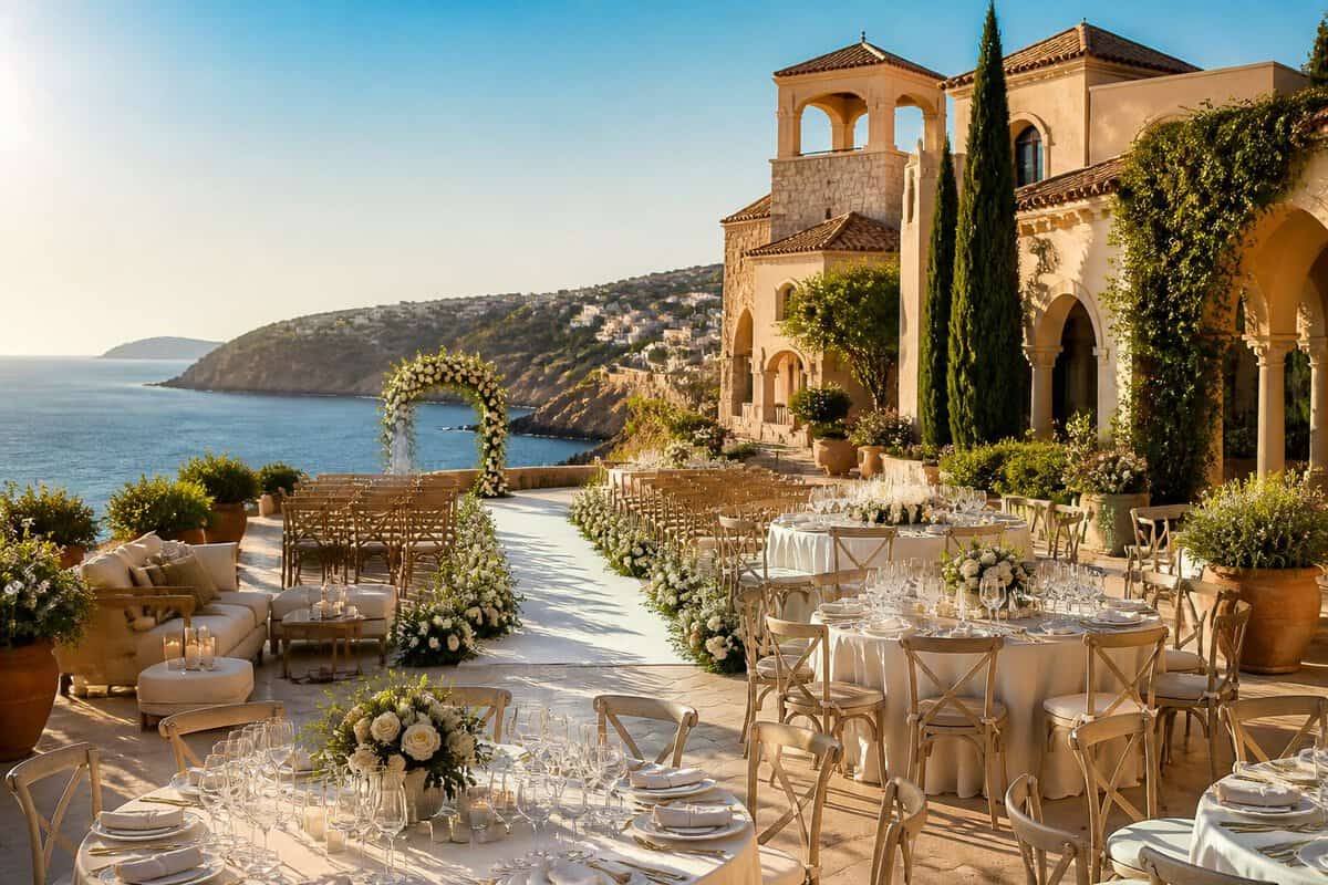 Elegant outdoor wedding venue at a Spanish Mediterranean resort overlooking the coast.