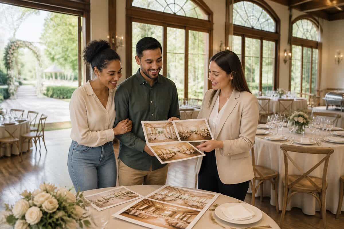 An engaged couple discusses wedding venue options with a coordinator in an elegant reception space.