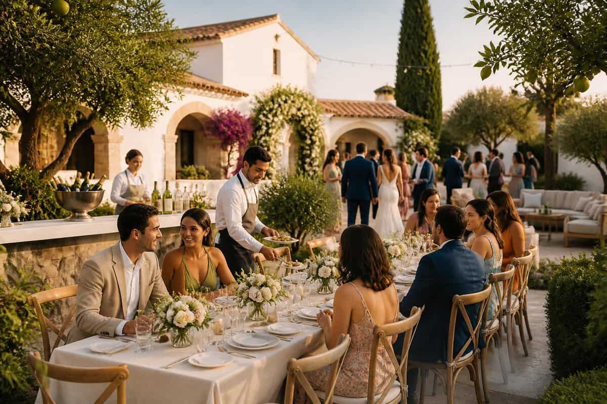 Guests celebrate at an elegant Spanish wedding venue with a decorated outdoor reception and Mediterranean gardens.