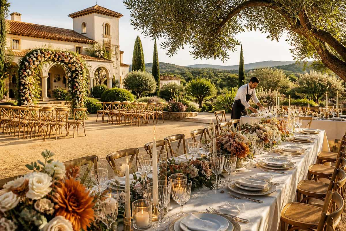 Elegant outdoor wedding reception at a Spanish venue with decorated tables, a floral ceremony arch, and Mediterranean gardens.