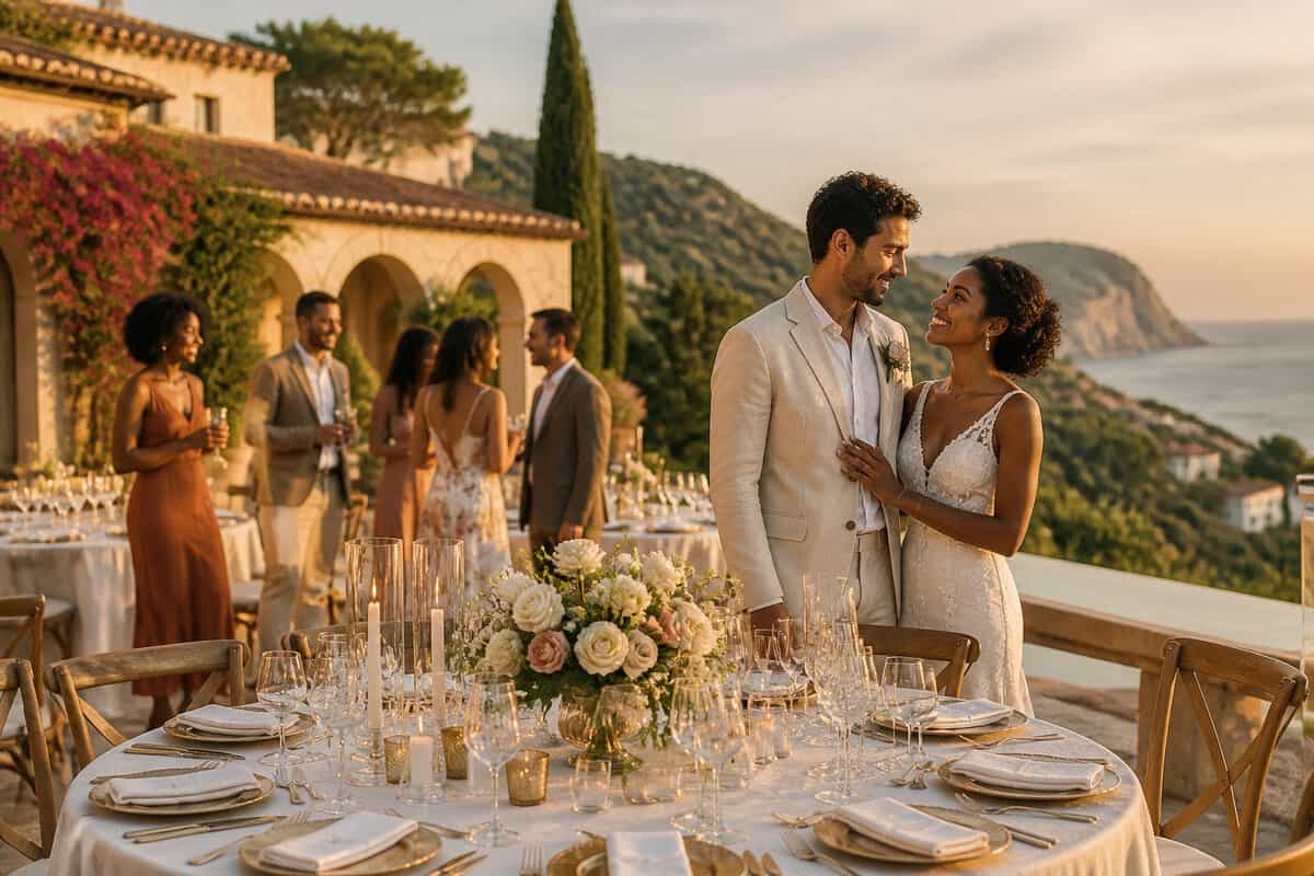 A newlywed couple celebrates with guests at an elegant outdoor wedding reception in Spain.