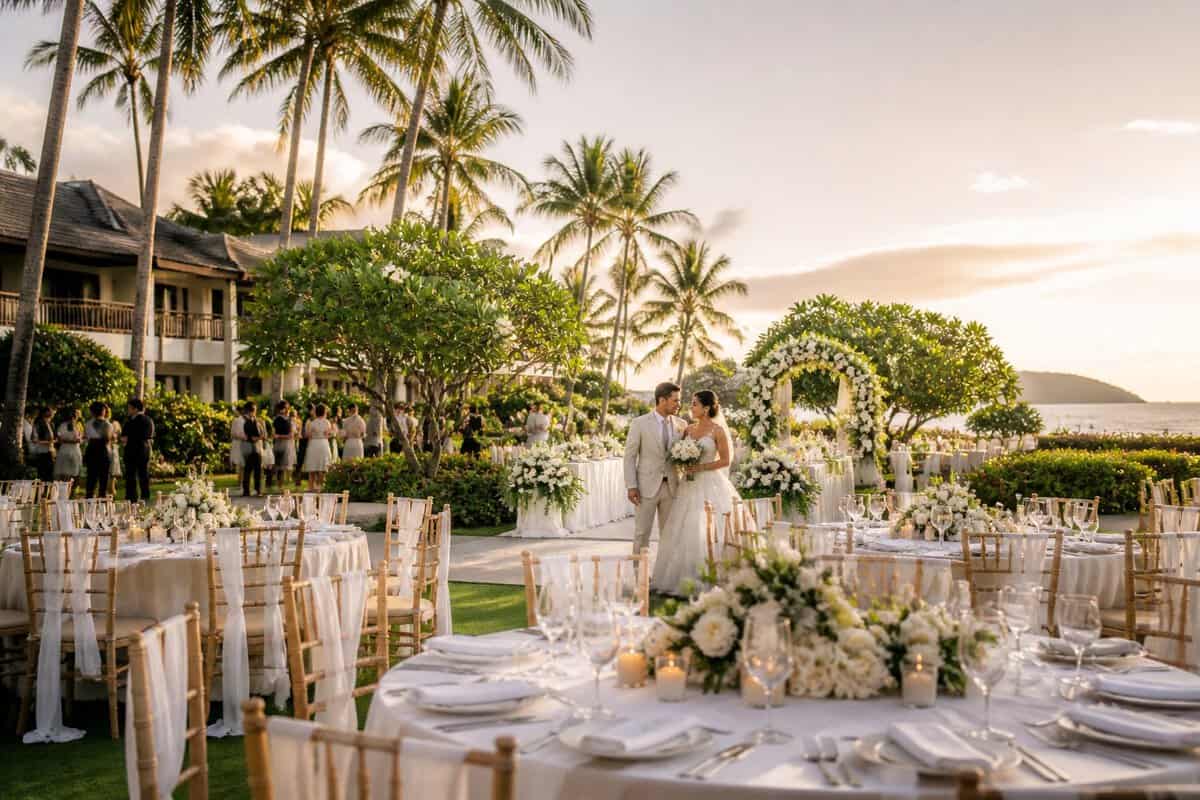 An elegant tropical wedding reception at a resort venue in Quezon, with decorated tables, floral arrangements, and guests celebrating.