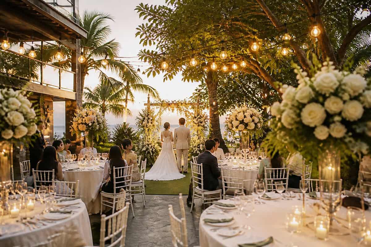 A bride and groom celebrate with guests at a decorated tropical wedding venue in Quezon.