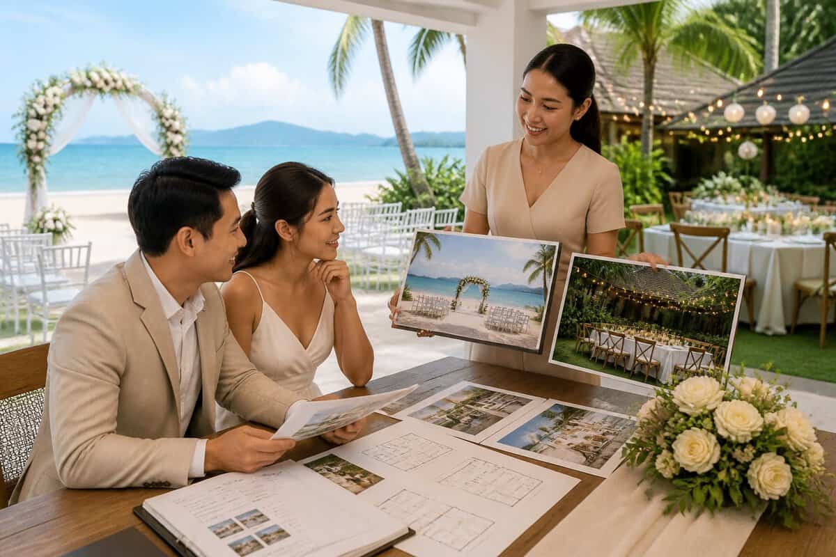 An engaged couple compares wedding venue options with a coordinator at a tropical Quezon resort.