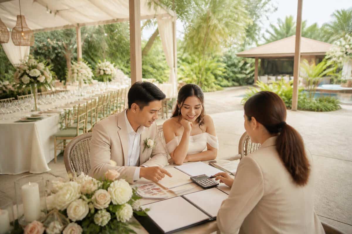 A couple reviews wedding package details with a venue coordinator at an elegant tropical reception venue.