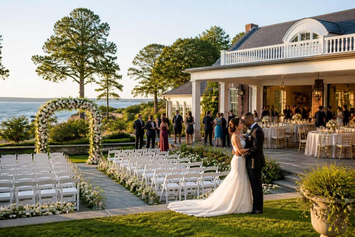 An elegant waterfront wedding venue with a decorated ceremony lawn, reception tables, gardens, and formally dressed guests.