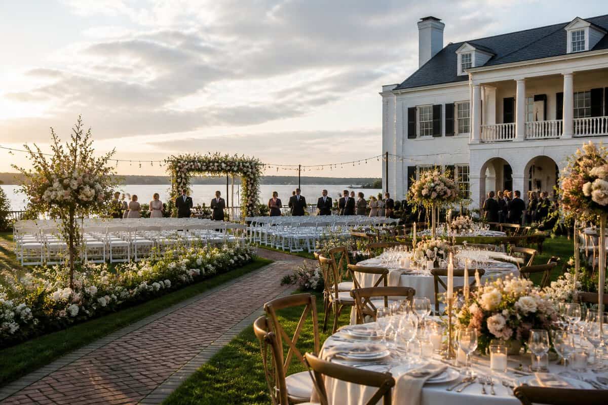 An elegant Yorktown wedding venue prepared for a ceremony and reception with floral décor, arranged tables, and guests.
