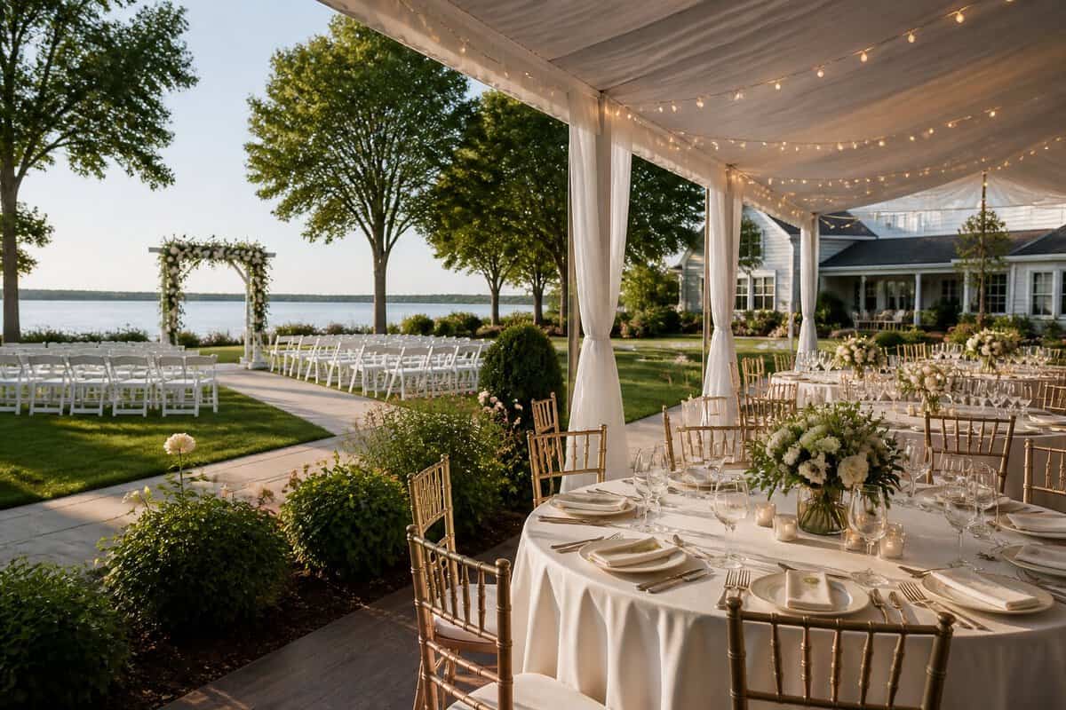Elegant Yorktown wedding venue with a floral ceremony arch, white chairs, and a beautifully arranged reception tent.
