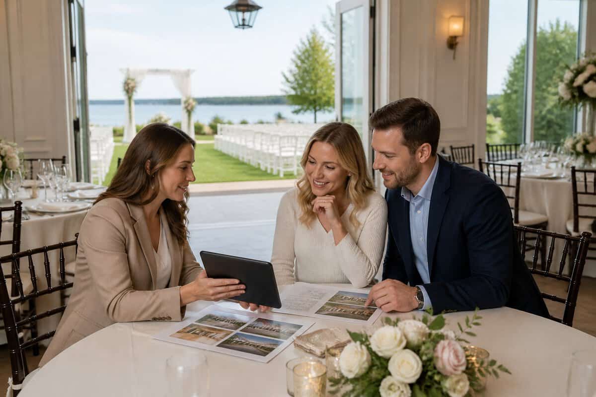 A couple compares wedding venue options with a coordinator in an elegant reception space overlooking landscaped grounds.