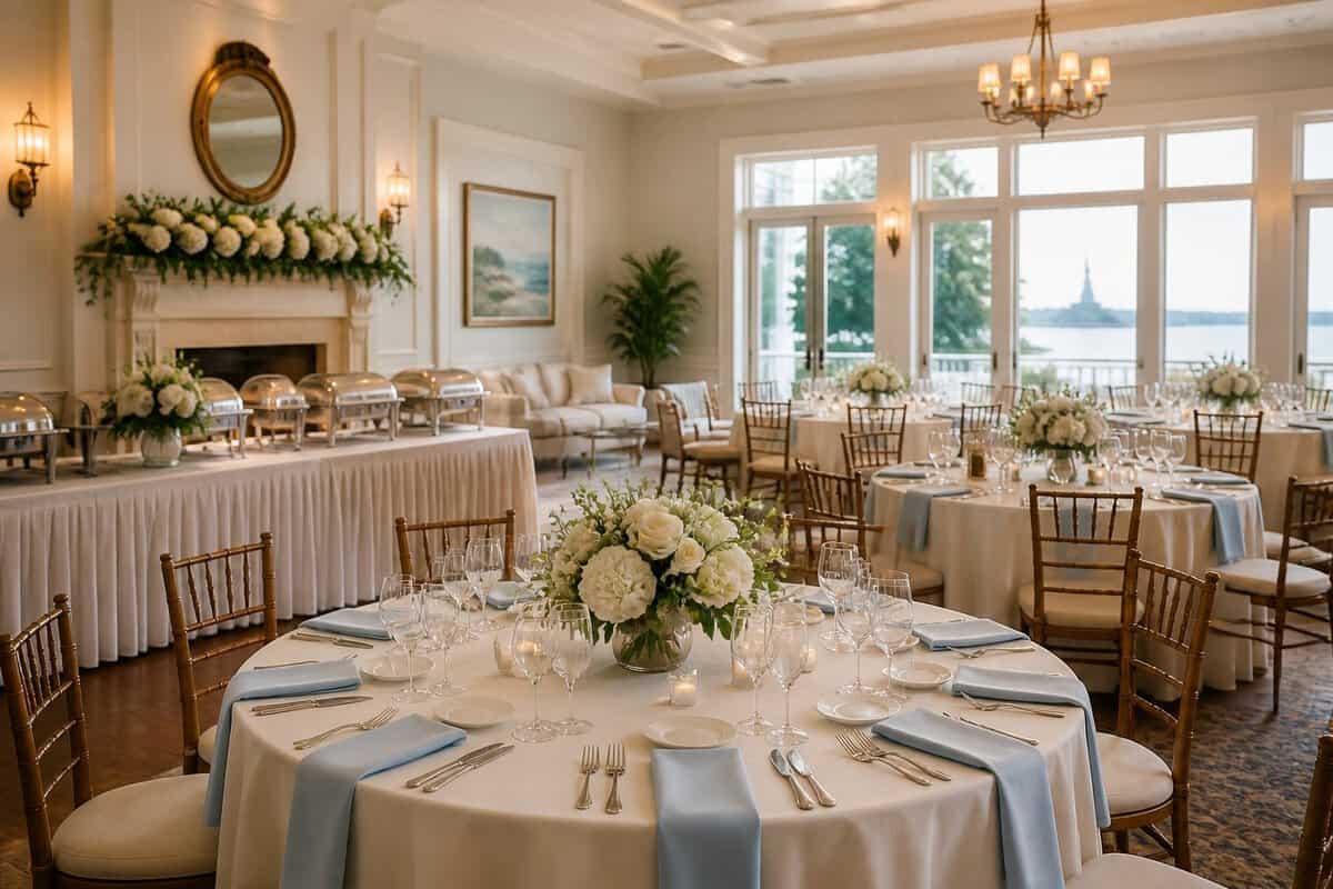Elegant wedding reception venue with decorated tables, floral centerpieces, and a catering station.