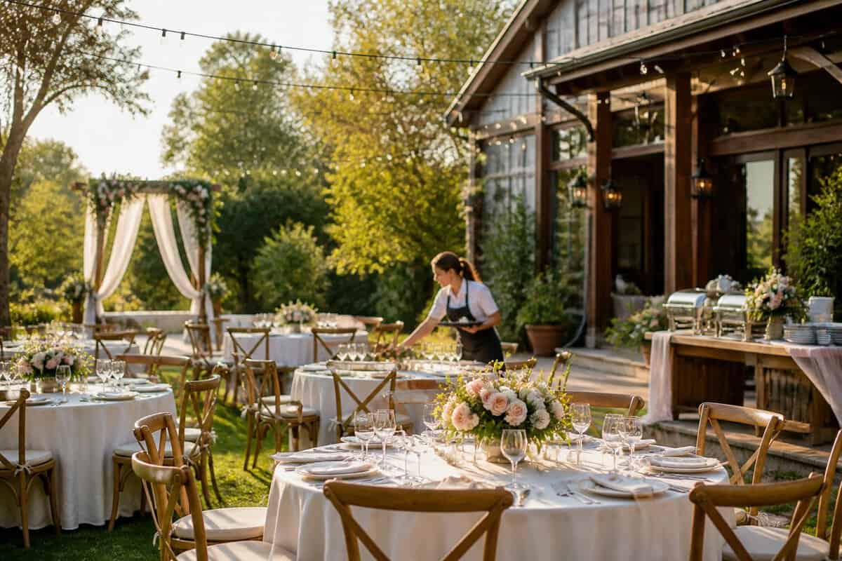 An elegant outdoor wedding reception with decorated tables, a floral ceremony arch, and warm string lights beside a charming venue.