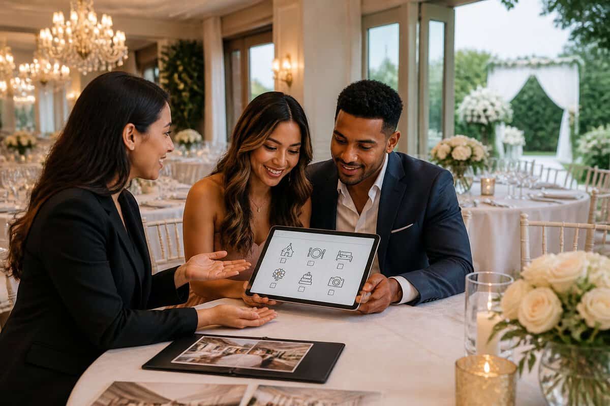 An engaged couple reviews a wedding planning questionnaire with a venue coordinator in an elegant decorated reception hall.