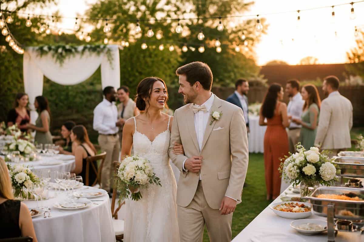 A newlywed couple celebrates with guests at an elegant outdoor wedding reception.