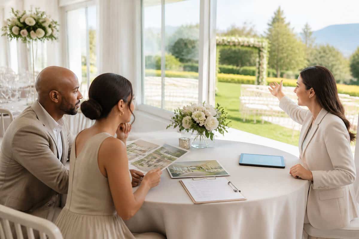 A couple reviews wedding venue options with a coordinator in an elegant reception space overlooking landscaped gardens.