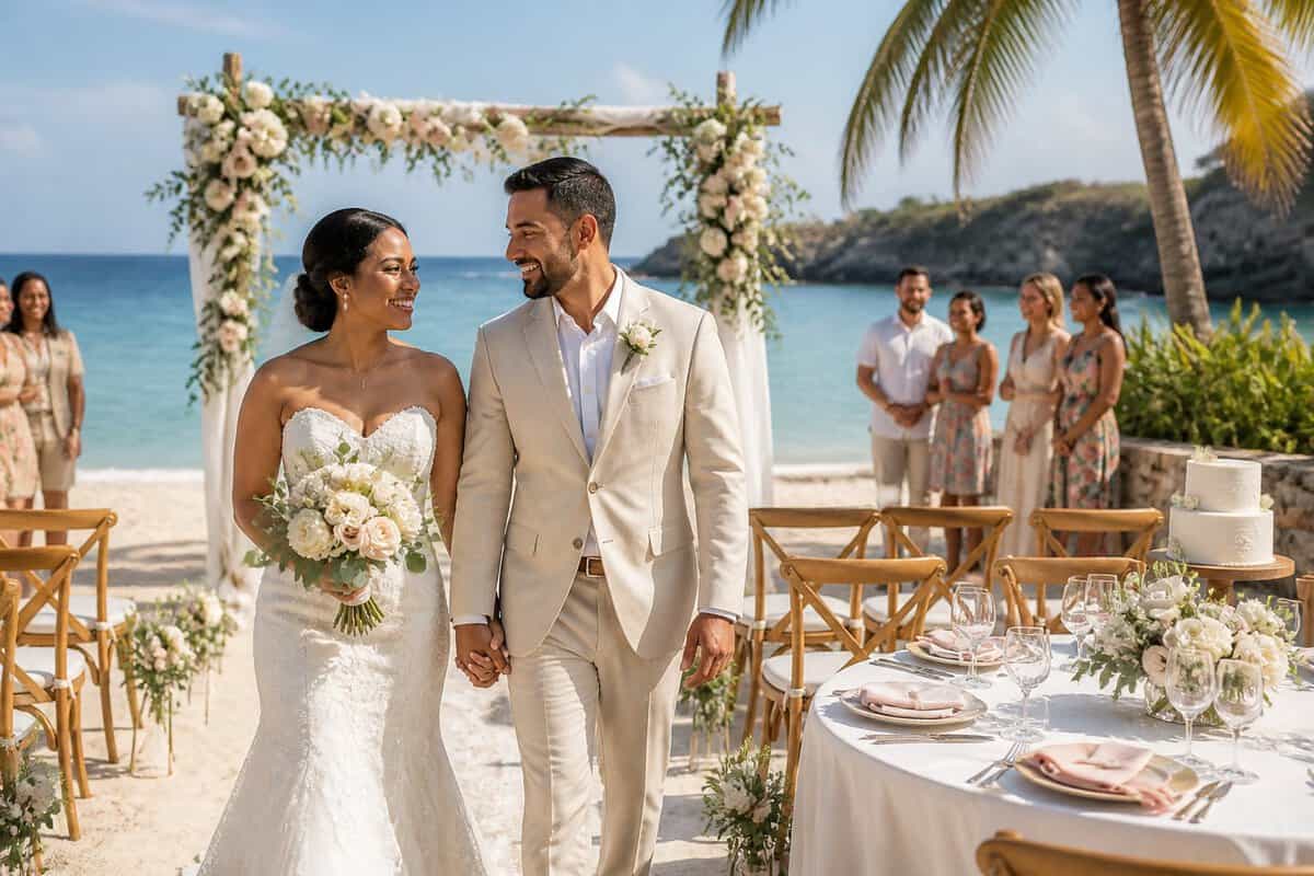 A newlywed couple celebrates at a small tropical beach wedding with floral decorations and seated guests.