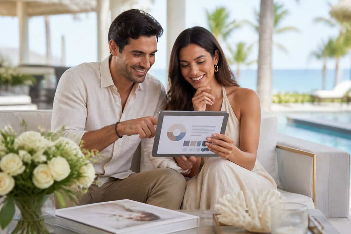 An engaged couple reviews quiz results on a tablet at an elegant resort terrace.