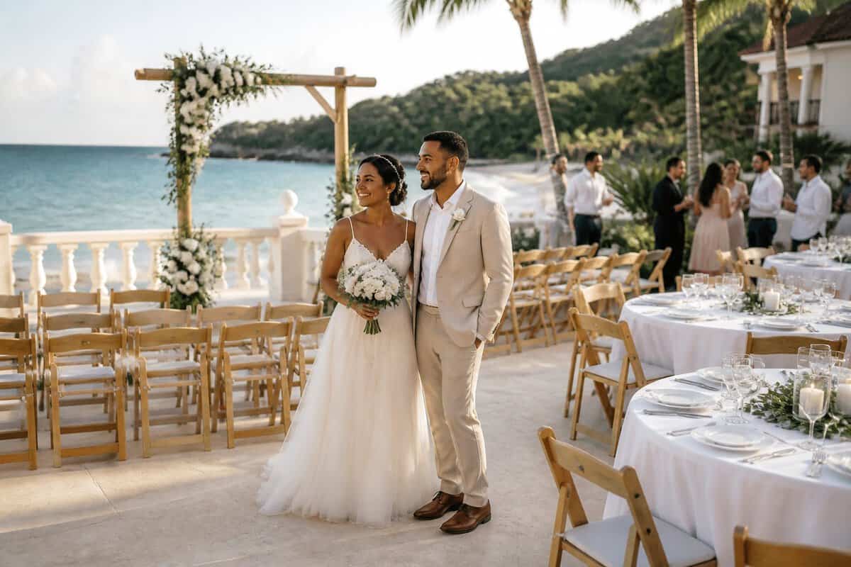 A couple celebrates their wedding at a tropical resort ceremony and reception overlooking the water.