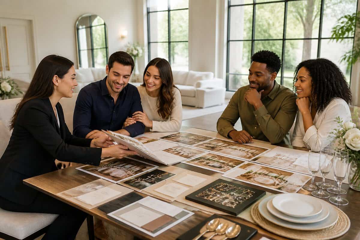 Engaged couples compare wedding venue package options with a coordinator at a table.