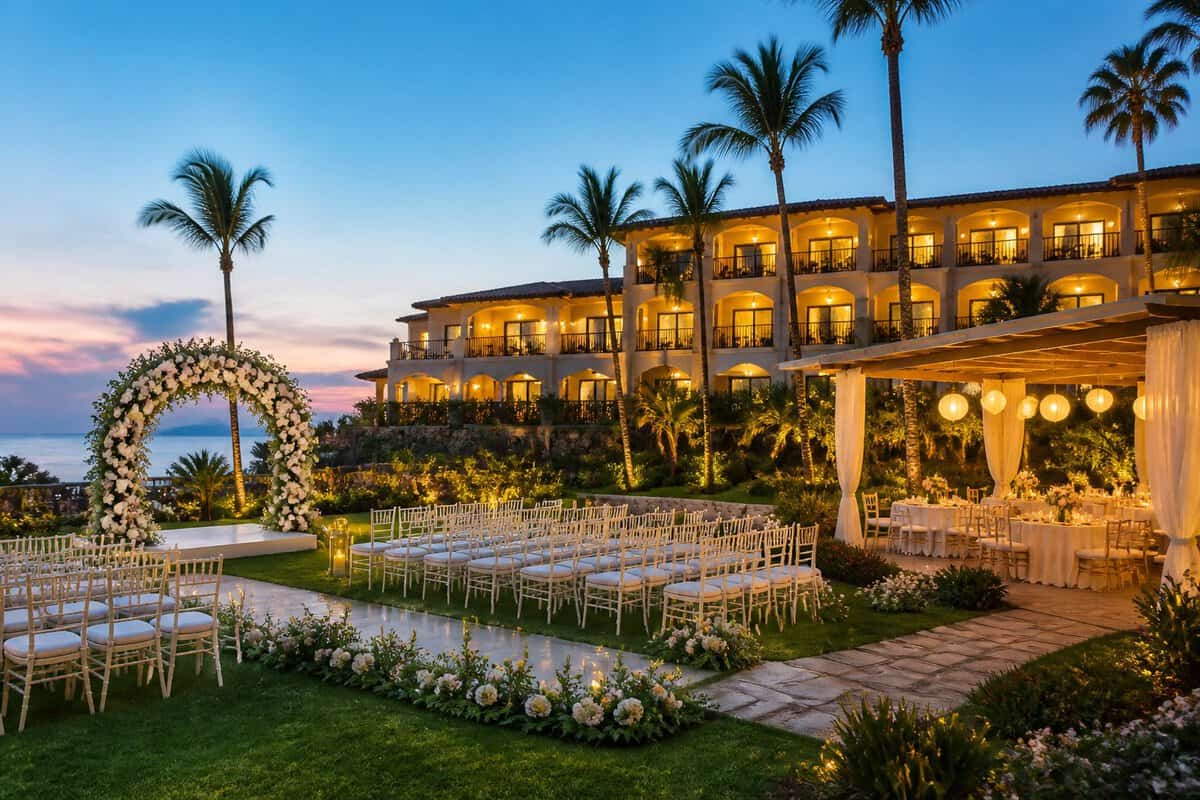 An elegant wedding ceremony and reception area at a resort with guest accommodations in the background.