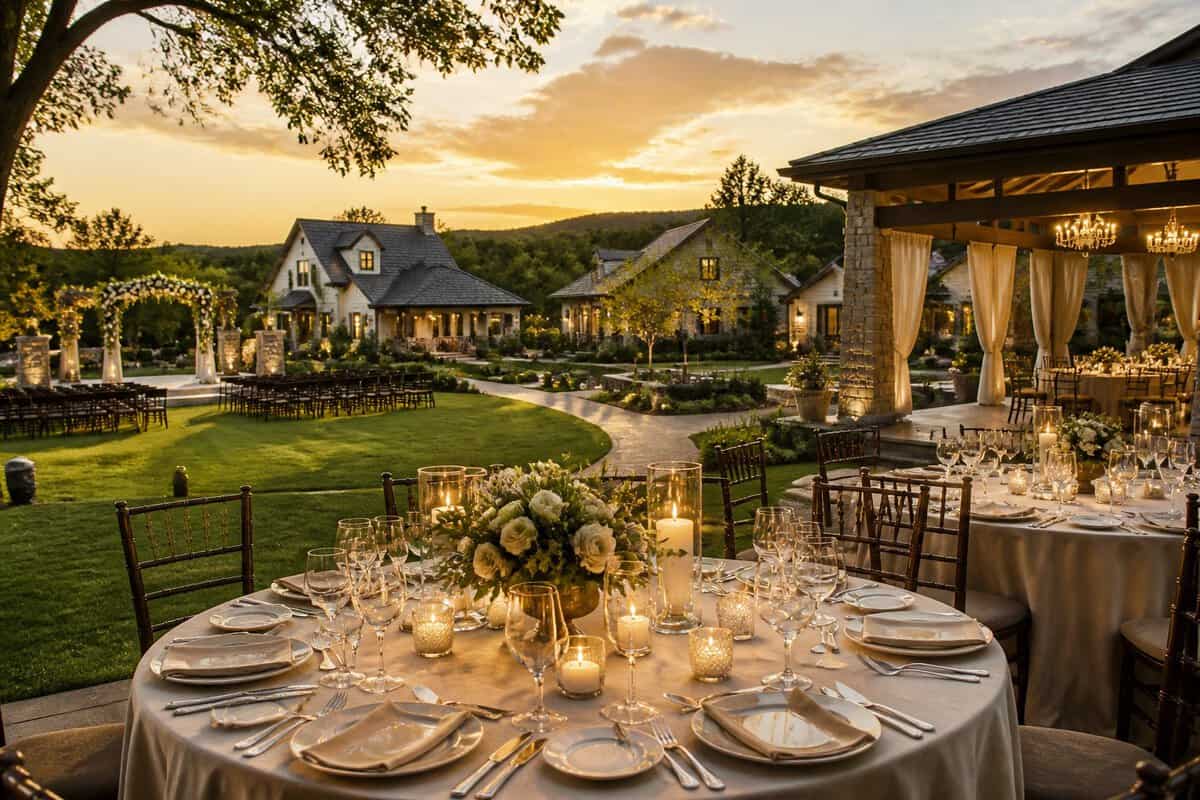 An elegant wedding venue with guest accommodations, landscaped gardens, and a warmly lit reception area.