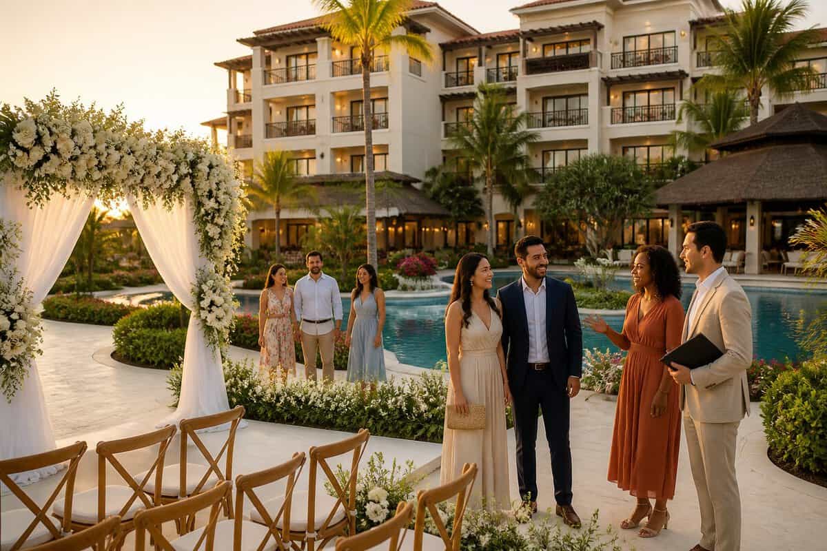 A couple and wedding guests explore an elegant resort venue with an outdoor ceremony area, hotel accommodations, and landscaped amenities.