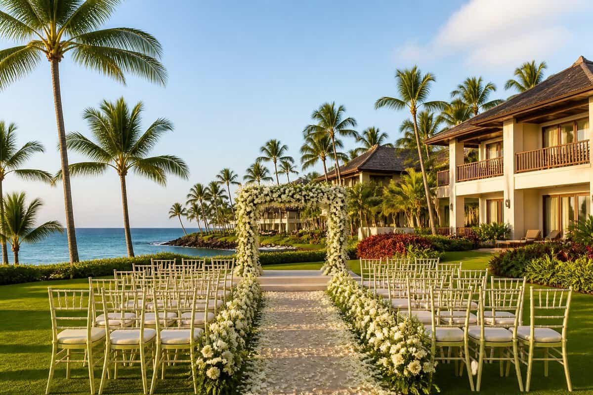 An elegant outdoor wedding setup at a tropical resort overlooking the ocean, with guest villas in the background.
