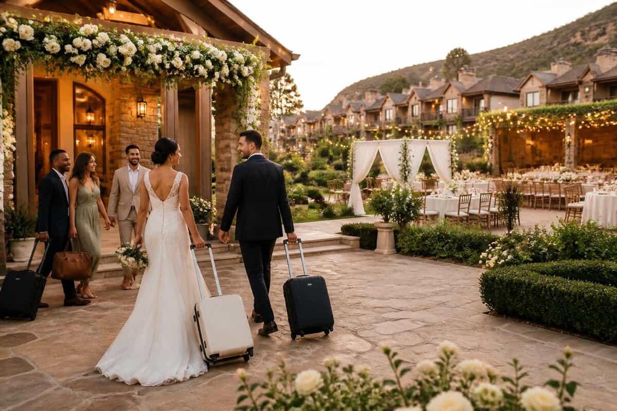 A newlywed couple and wedding guests arrive with luggage at an elegant overnight wedding venue.