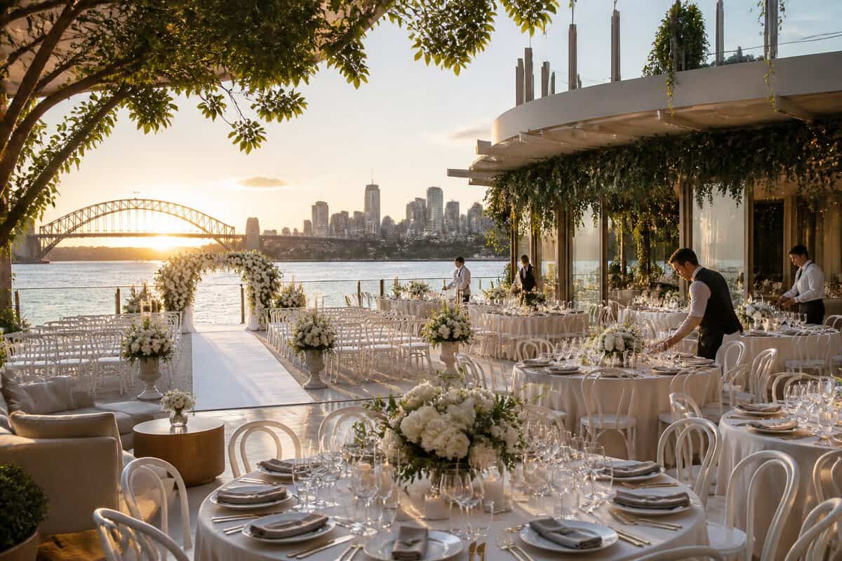 An elegant waterfront wedding venue in Sydney with a decorated ceremony area, prepared reception tables, and the city skyline in the background.