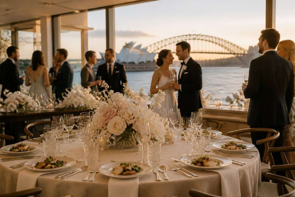 Elegant wedding reception table overlooking Sydney Harbour with guests celebrating in the background.