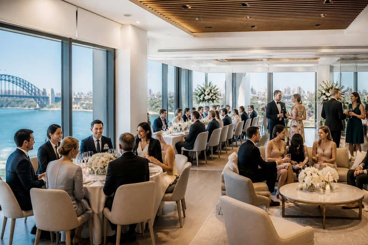 Wedding guests gather around elegant tables and a lounge area inside a bright reception venue.