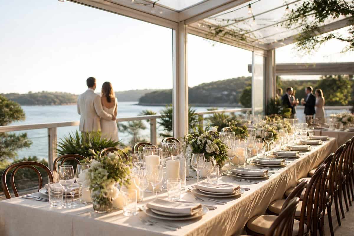 An elegant wedding reception arranged on a covered terrace overlooking a Sydney coastal setting.