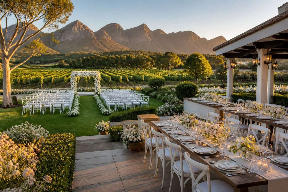 An elegant outdoor wedding venue with decorated chairs, a flower-covered arch, reception tables, gardens, vineyards, and mountains in the background.