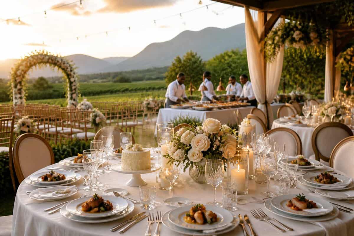 An elegant outdoor wedding reception with a decorated banquet table, catering staff, and a vineyard landscape in the background.