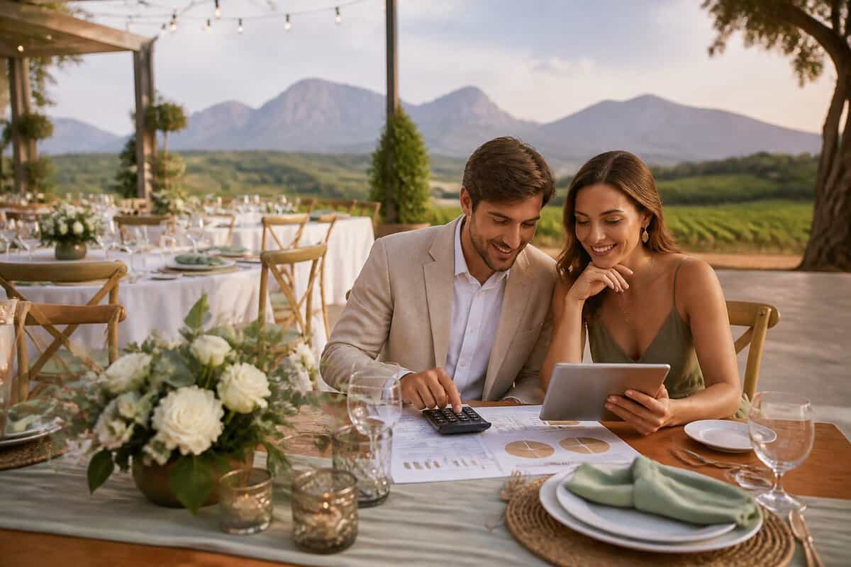 A couple reviews wedding budget materials at an elegant outdoor reception overlooking Western Cape vineyards.