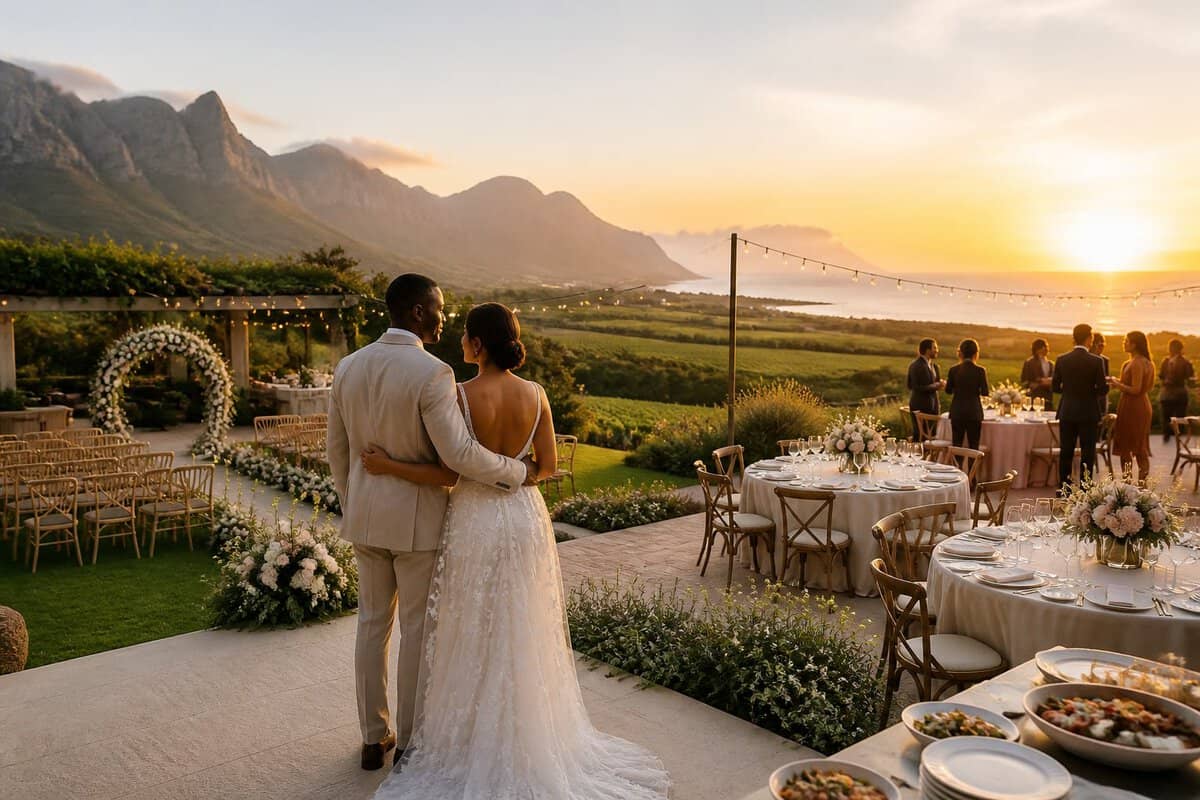A couple explores an elegant wedding venue with gardens, vineyards, mountains, and a coastal view.