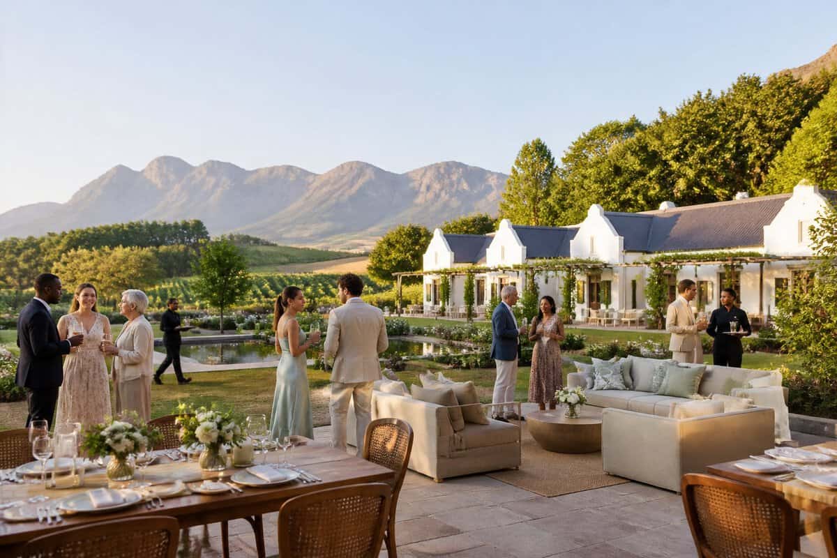 Wedding guests gather at an elegant Western Cape venue with nearby guest cottages and mountain scenery.