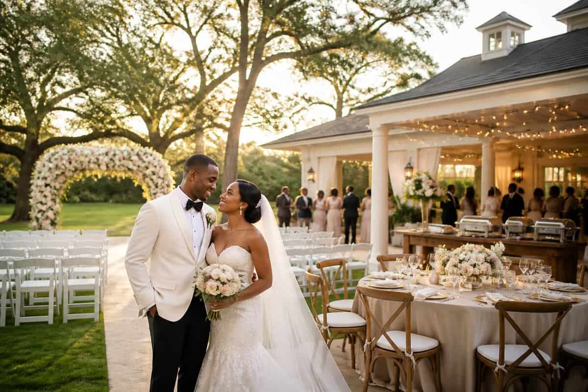 A newlywed couple celebrates at an elegant outdoor wedding venue with floral decorations, guest seating, and a landscaped reception area.