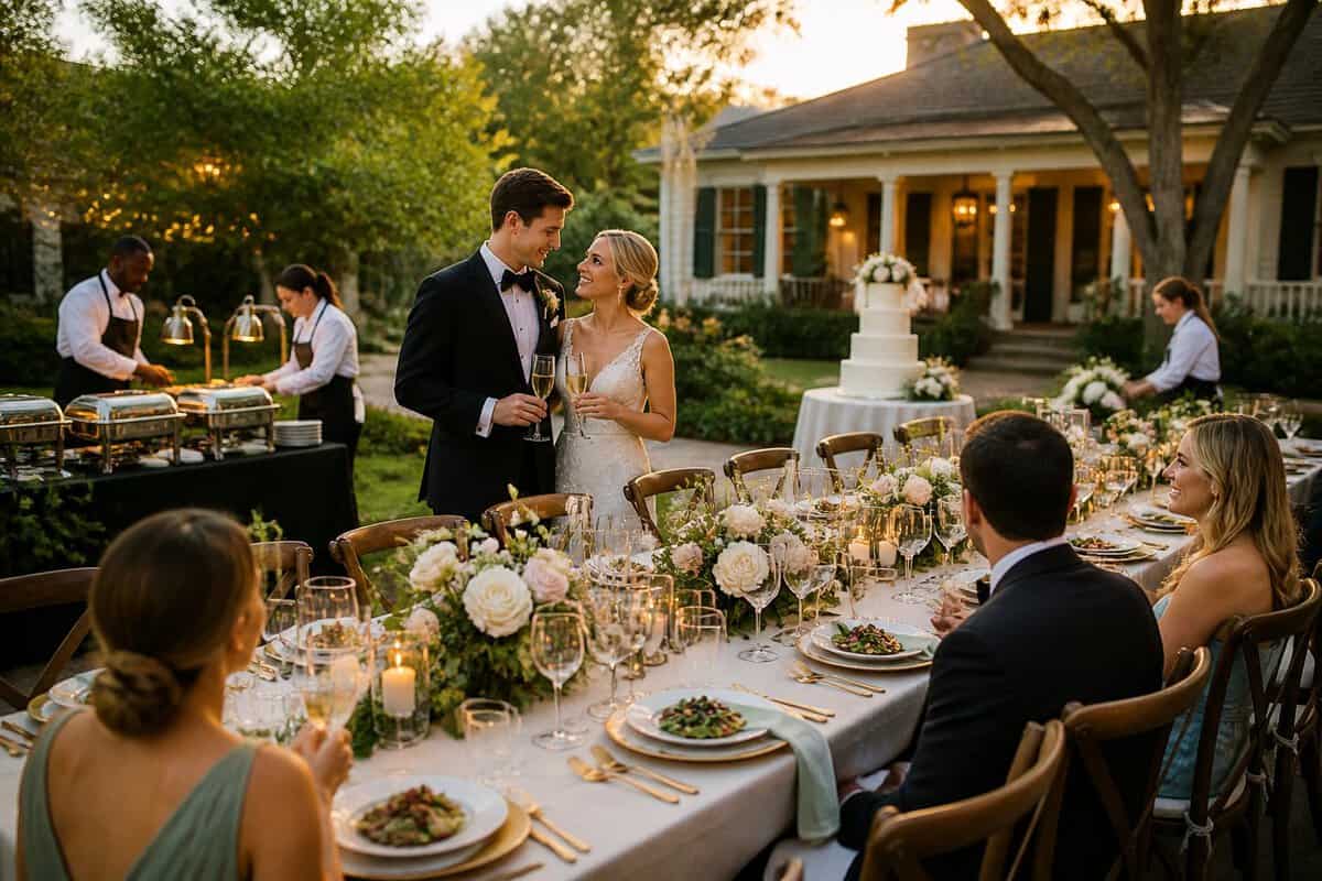 An elegant outdoor wedding reception with a bride and groom, decorated tables, catering, floral arrangements, and staff preparing the venue.